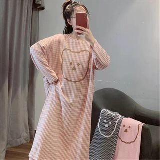 Váy đầm xuông dài tay mặc đi ngủ in hoạt hình cute dễ thương chất liệu cotton form bigsize mặc nhà mùa hè VD01