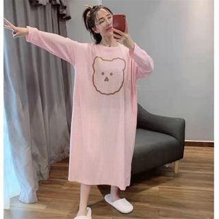Váy đầm xuông dài tay mặc đi ngủ in hoạt hình cute dễ thương chất liệu cotton form bigsize mặc nhà mùa hè VD01