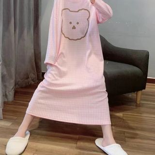 Váy đầm xuông dài tay mặc đi ngủ in hoạt hình cute dễ thương chất liệu cotton form bigsize mặc nhà mùa hè VD01