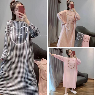 Váy đầm xuông dài tay mặc đi ngủ in hoạt hình cute dễ thương chất liệu cotton form bigsize mặc nhà mùa hè VD01