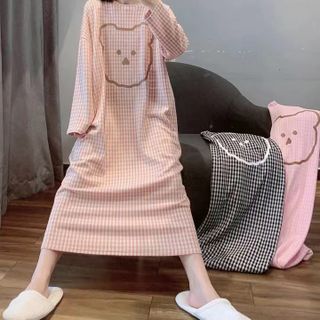 Váy đầm xuông dài tay mặc đi ngủ in hoạt hình cute dễ thương chất liệu cotton form bigsize mặc nhà mùa hè VD01