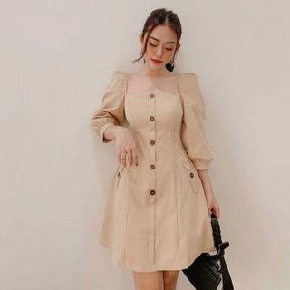 ĐẦM CỔ VUÔNG NÚT NÂU 2 MÀU