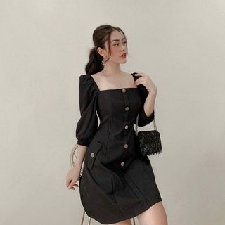 ĐẦM CỔ VUÔNG NÚT NÂU 2 MÀU