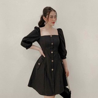 ĐẦM CỔ VUÔNG NÚT NÂU 2 MÀU