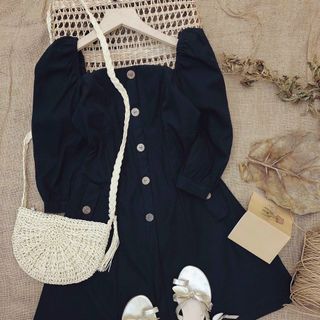 ĐẦM CỔ VUÔNG NÚT NÂU 2 MÀU