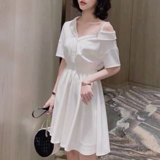 ĐẦM SƠ MI LỆCH VAI 2 MÀU