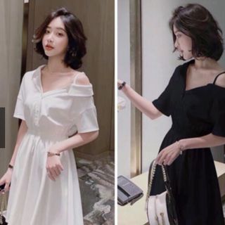 ĐẦM SƠ MI LỆCH VAI 2 MÀU