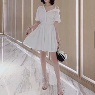 ĐẦM SƠ MI LỆCH VAI 2 MÀU