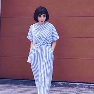ĐẦM SƠ MI SỌC DÁNG DÀI CHÉO EO