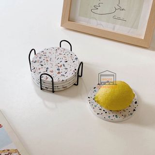 Lót ly cốc hoạ tiết gạch men 10,5cm phong cách tối giản