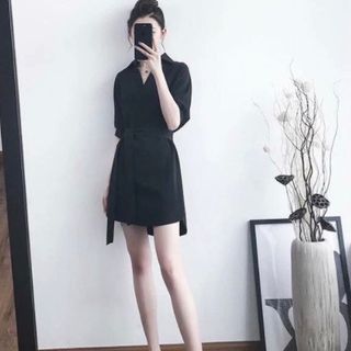ĐẦM SƠ MI ĐEN CỘT DÂY FORM TO
