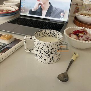 Ly cốc sứ ceramic trắng chấm đen uống cà phê và trà sữa 280ml