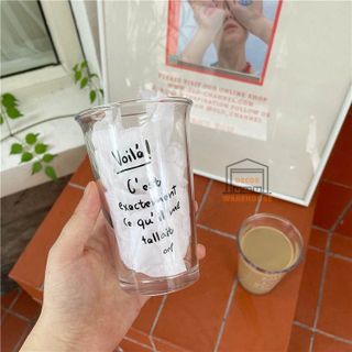 Ly cốc thuỷ tinh trong suốt in hình chữ đen 350ml 400ml 500ml uống nước pha cà phê trà sữa