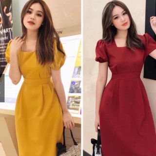 ĐẦM CỔ VUÔNG 2 MÀU CỘT EO