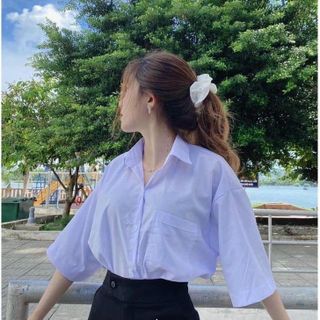 Sơ mi học sinh chất kate lụa mịn có túi ngực, tay lỡ