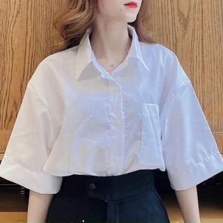 Sơ mi học sinh chất kate lụa mịn có túi ngực, tay lỡ