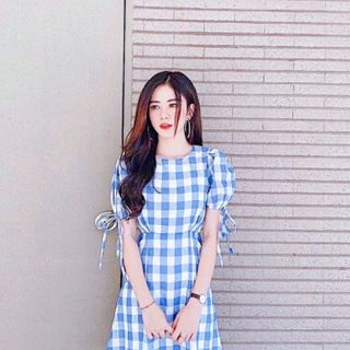 ĐẦM VÁY CARO XANH TAY BO
