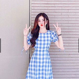 ĐẦM VÁY CARO XANH TAY BO