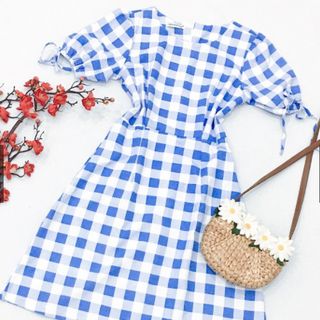 ĐẦM VÁY CARO XANH TAY BO