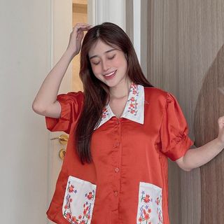 Đồ bộ nữ mặc nhà pijama cổ nhọn in hoa (Đùi)