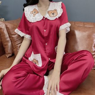 Đồ bộ ngủ nữ pijama cổ tiểu thư in 3chu gấu (Đùi)