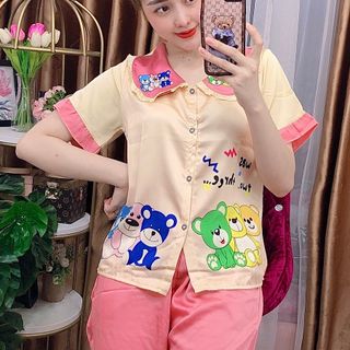 Đồ bộ nữ mặc nhà pijama cổ tiểu thư in 3chu gấu (Lửng)