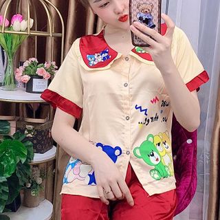 Đồ bộ nữ mặc nhà pijama cổ tiểu thư in 3chu gấu (Lửng)