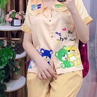 Đồ bộ nữ mặc nhà pijama cổ tiểu thư in 3chu gấu (Lửng)