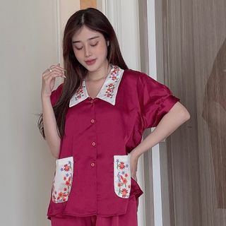 Đồ bộ pijama Satin cổ in hoa (Dài Cộc)