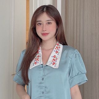 Đồ bộ nữ mặc nhà pijama cổ nhọn in hoa (Lửng)