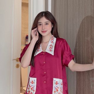 Đồ bộ nữ mặc nhà pijama cổ nhọn in hoa (Lửng)