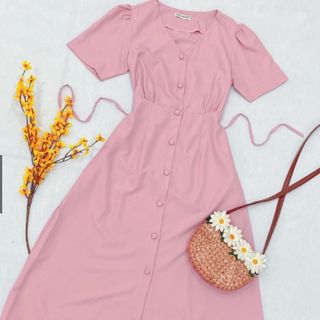 ĐẦM HỒNG NÚT BỌC DÁNG DÀI