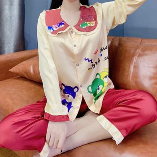Đồ bộ ngủ nữ mặc nhà pịama cổ tiểu thư in 3chu gấu (Dài Dài)