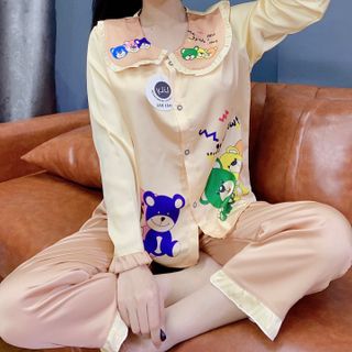 Đồ bộ ngủ nữ mặc nhà pịama cổ tiểu thư in 3chu gấu (Dài Dài)