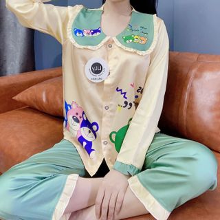 Đồ bộ ngủ nữ mặc nhà pịama cổ tiểu thư in 3chu gấu (Dài Dài)