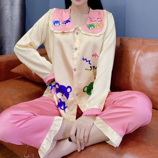 Đồ bộ ngủ nữ mặc nhà pịama cổ tiểu thư in 3chu gấu (Dài Dài)