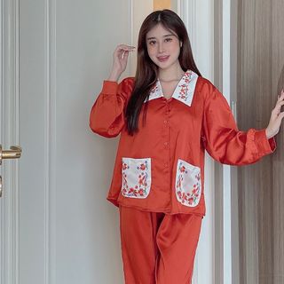 Đồ bộ nữ mặc nhà pijama cổ nhọn in hoa (Dài Dài)