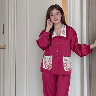 Đồ bộ nữ mặc nhà pijama cổ nhọn in hoa (Dài Dài)