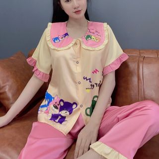 Đồ bộ ngủ nữ mặc nhà pijama cổ tiểu thư in 3chu gấu (Dài cộc)