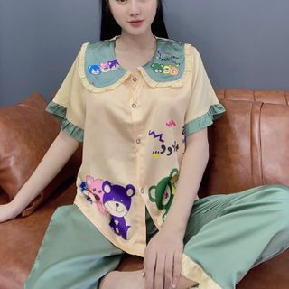 Đồ bộ ngủ nữ mặc nhà pijama cổ tiểu thư in 3chu gấu (Dài cộc)