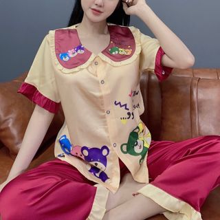 Đồ bộ ngủ nữ mặc nhà pijama cổ tiểu thư in 3chu gấu (Dài cộc)