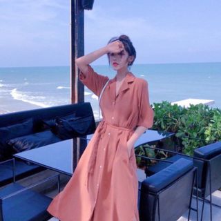 ĐẦM SƠ MI 2 MÀU FORM DÀI NÚT TRẮNG