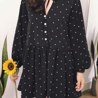 ĐẦM BABYDOLL ĐEN NÚT TRẮNG