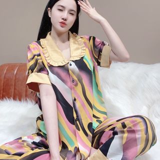 Đồ bộ nữ mặc nhà pijama cổ bầu bèo (Dài cộc)