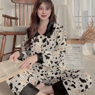 Đồ bộ ngủ nữ pijama mặc nhà cổ lá sen loang bò sữa (Quần dài tay dài)