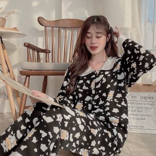 Đồ bộ ngủ nữ pijama mặc nhà cổ lá sen loang bò sữa (Quần dài tay dài)