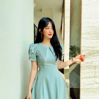 ĐẦM XANH MINT CỔ XẾP LY