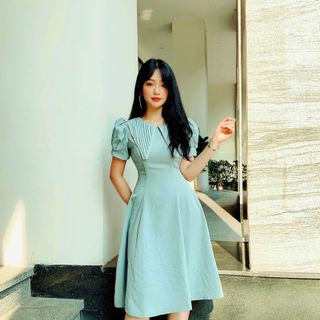 ĐẦM XANH MINT CỔ XẾP LY