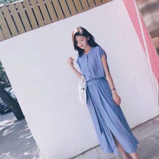 ĐẦM XANH TAY CON KÈM BELT 2 MÀU