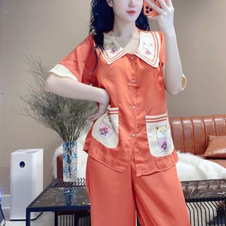 Đồ bộ nữ chins mặc nhà Satin cổ sọc in chó shiba (Quần Lửng)